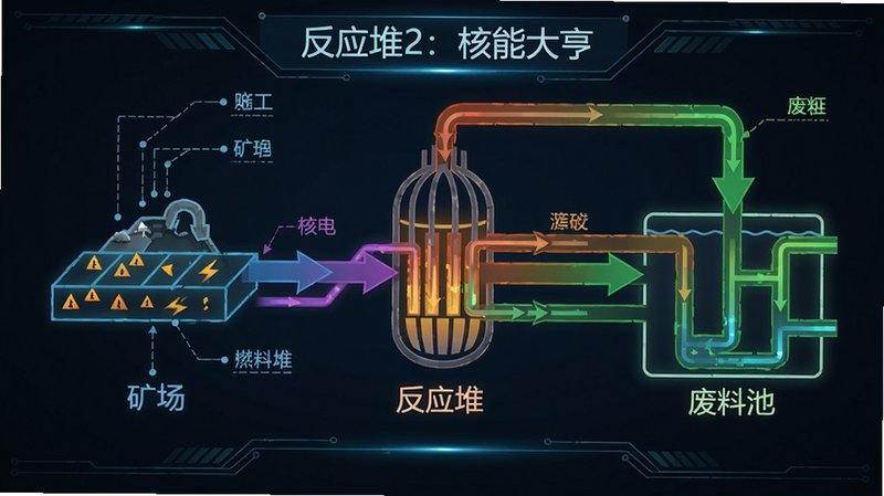 核燃料循环流程图,从矿场到反应堆再到废料池,不同颜色代表不同阶段,画面有科技感线条和标注,包含“反应堆2: 核能大亨”字样