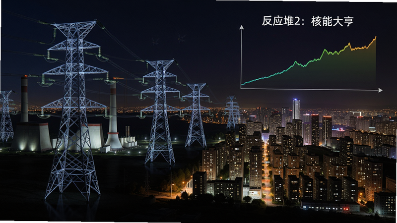 城市电力网络图,核电站连接多个高压输电塔,城市建筑灯光闪烁,晚上画面中有电价走势曲线图,包含“反应堆2: 核能大亨”字样