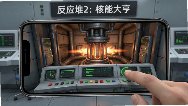 手机屏幕显示游戏运行画面,一个核反应堆正在运作,控制面板上有各种数据,手指正在点击,背景是整洁的操作台,包含“反应堆2: 核能大亨”字样