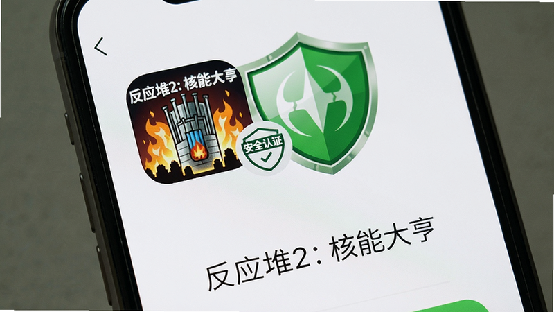 手机屏幕显示应用安装界面,上面有“反应堆2: 核能大亨”图标和“安全认证”标志,背景是绿色盾牌,画面简洁干净,包含“反应堆2: 核能大亨”字样