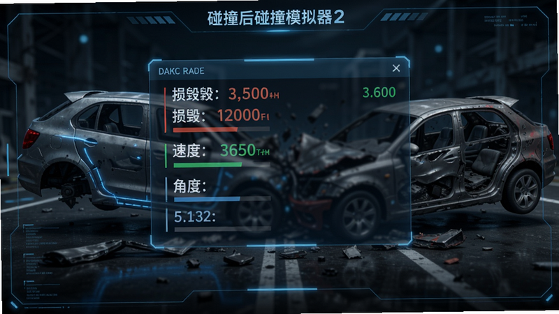 碰撞模拟器2碰撞后数据显示界面,屏幕上弹出半透明数据面板,列出车辆各部位损毁值、速度、角度等信息,背景是碰撞后的残骸,风格科技感十足,数据清晰易读。