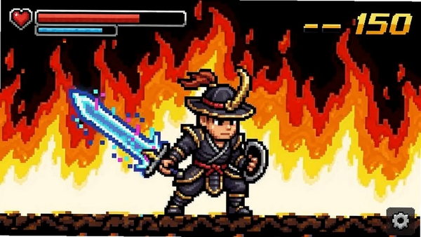 提示词要求:概括软件核心全貌,必须包含魔剑武士,主角挥动发光魔剑站在火焰背景前,像素风格,游戏界面包含血条和连击数,适配Boogu模型生成。