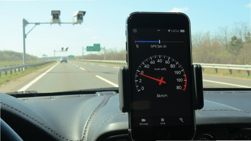车速表GPS测速场景,手机固定在车载支架上,屏幕显示指针指向80km/h,背景为高速公路,远处有测速摄像头,阳光充足,画面清晰。