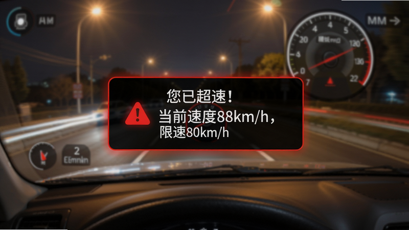 车速表限速提醒弹窗,红色警告框内显示“您已超速!当前速度88km/h,限速80km/h”,背景为模糊的行车记录仪画面,突出紧迫感。