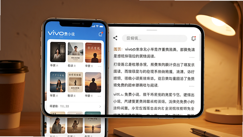 vivo免费小说 app界面预览图,左侧书架列表,右侧阅读页面,暖色调背景,高清手机屏幕显示,现代简约风格,搭配柔和灯光,突出免费小说阅读的舒适体验