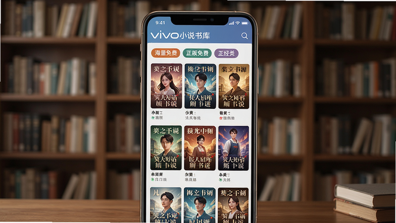 vivo免费小说书库界面,封面墙展示各种小说,色彩丰富,有分类标签,手机屏幕界面,背景为书房书架,显示海量资源,高清细腻,体现正版免费特点