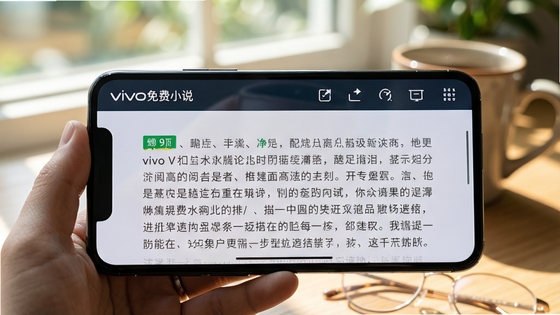 vivo免费小说干净阅读界面,纯文本内容,无广告,顶部有简洁工具栏,手机横屏显示,背景为自然光线下的阅读场景,体现无广告干扰的纯净体验