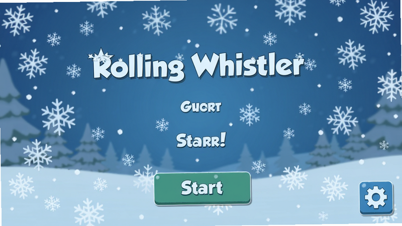一张手机游戏截图,显示Rolling Whistler选关界面,背景有雪花特效,代表冬季主题,界面简洁清晰,有开始按钮和设置图标,整体色调为蓝白色