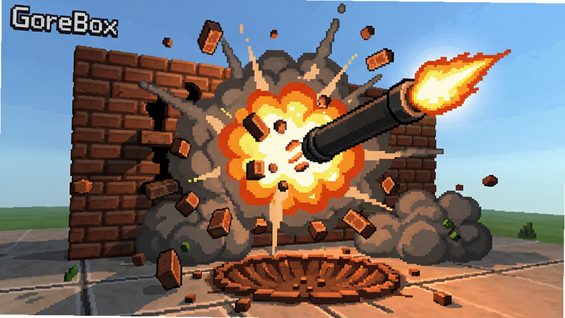 GoreBox �����ƻ���ʾ��һ��שǽ���ڵ����У�ש���Ľ������������������е��ӣ����������Ǳ�ը˲�䣬��ӰЧ��ǿ�ң����ط��ϸ�ڷḻ