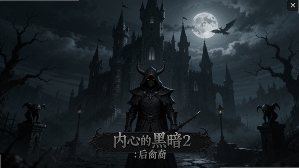 内心的黑暗2:后裔 游戏主菜单界面,阴暗哥特风格,角色站在古堡前,背景有月光和雾气,适配Boogu模型生成