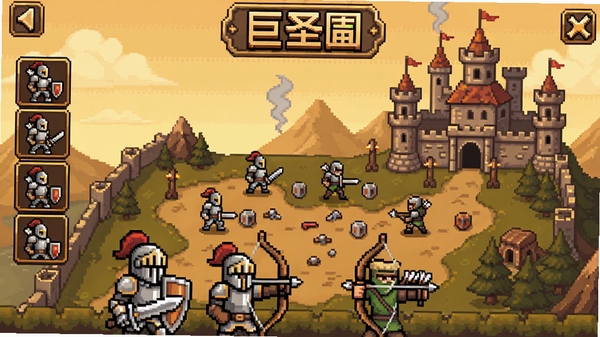 巨圣杯 游戏主界面 像素风格 战场地图 兵种图标 背景为城堡 前景有骑士与弓箭手 整体色调偏暖 适配Boogu模型生成