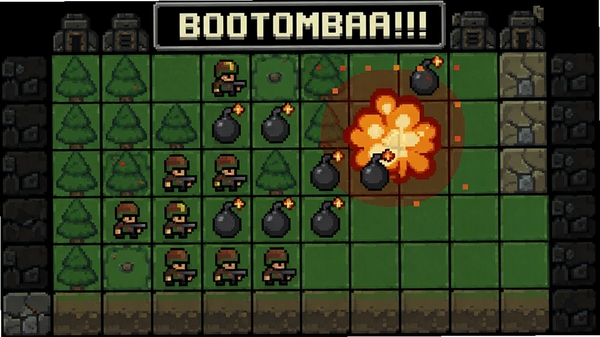 Bootombaa!!! 游戏主界面,像素风格策略战棋,士兵在网格地图上布置炸弹,可显示爆炸范围