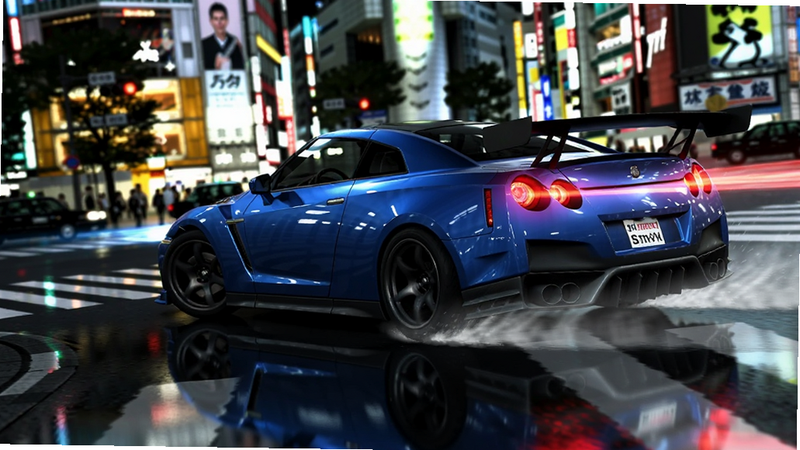 ��������ģ����Ư����д��һ����ɫ�ղ�GT-R��ʪ������в໬����̥����ˮ������β��������죬����������Ķ���ɬ��ʮ��·�ڣ��޺�Ƶ�Ӱ�ڵ���ˮ���С�