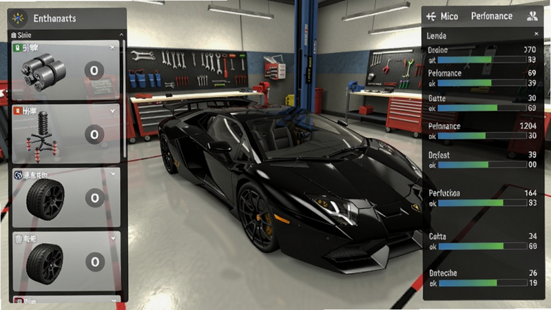 ��������ģ������װ���棬һ̨��ɫ��������Aventadorͣ�ڸ�װ���䣬����б���ʾ���桢���ҡ���̥�Ȳ������Ҳ���ʾ����������ֵ�仯�������ǹ���ǽ�͹���̨��