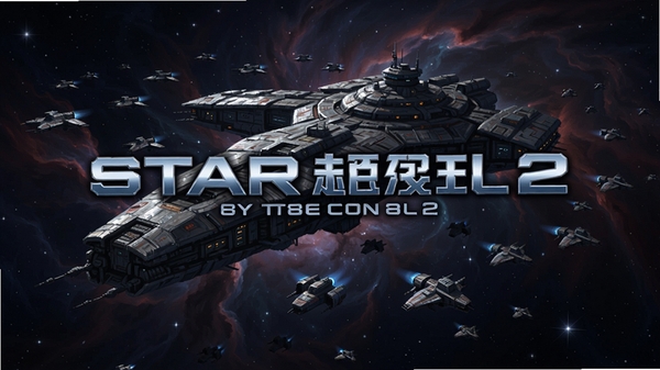 星际殖民2,一艘巨型母舰在星云背景中,周围有小飞船护航,画面中央显示游戏标题,坐标中心,背景深邃星空