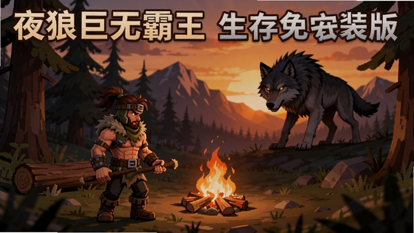 夜狼巨无霸生存免安装版游戏主界面,人物站在森林篝火旁,远处有巨狼身影,背景是日落山脉,适配Boogu模型生成