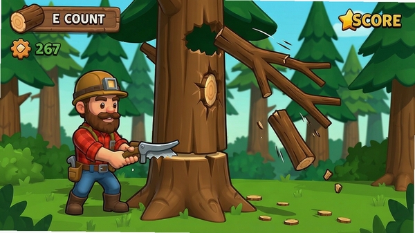 A lumberjack cutting a tree in a forest, cartoon style, game UI showing wood count and score, falling branches, Boogu model