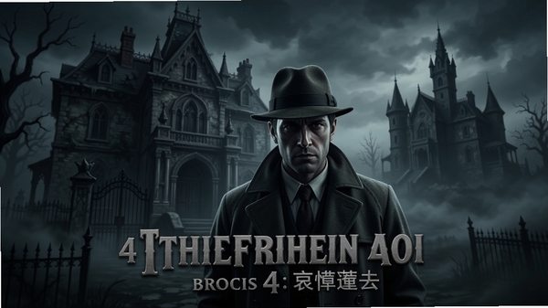 神秘黄昏4:哀悼过去 游戏封面 侦探站在古老庄园门前 阴森氛围 迷雾环绕 背景是哥特式建筑 近景人物特写 远景城堡 暗色调