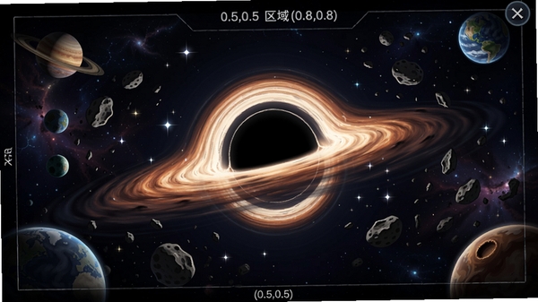 黑洞游戏主界面,太空黑洞吞噬星球的场景,画面中心是一个旋转的黑洞,周围有星光和行星碎片,背景深邃宇宙,坐标(0.5,0.5),区域(0.8,0.8)