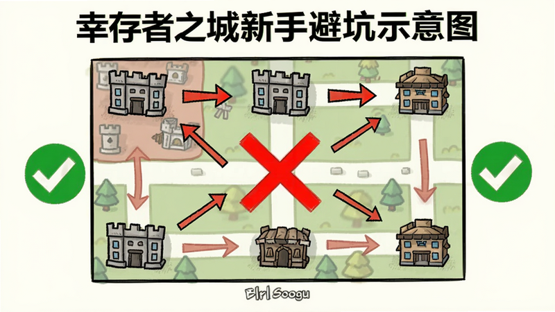 幸存者之城新手避坑示意图,红色叉号标记错误建造位置,绿色对号标记推荐布局,箭头标注关键建筑,简洁图标风格,Boogu生成