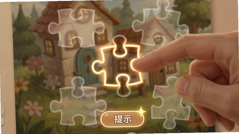家庭拼图游戏内操作界面,手指拖动一块拼图碎片,碎片边缘发光并自动吸附到正确位置,周围其他碎片半透明显示轮廓,背景为参考图放大模式,画面中有一枚“提示”按钮闪烁,整体色调柔和温馨。