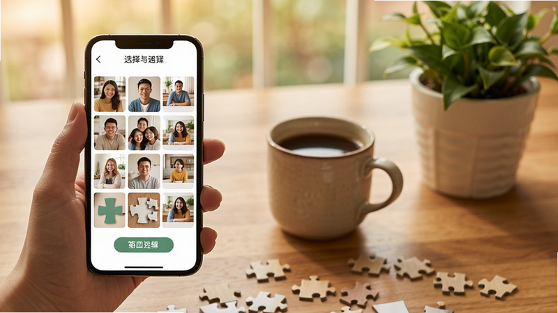 家庭拼图自定义照片拼图步骤截图,第一步选择相册,第二步调整碎片数量,第三步选择形状,第四步开始拼图,画面中手机屏幕展示操作流程,背景为木色桌面,有咖啡杯和绿植装饰,风格温馨。