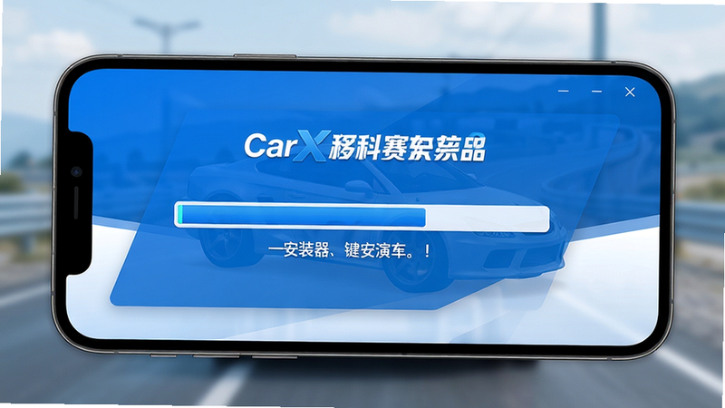 CarX漂移赛车3安装器一键安装流程演示,手机屏幕显示安装进度条与提示文字,背景虚化处理,突出安装界面,色调蓝白搭配,现代简约风格