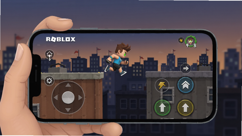 Roblox �ƶ��˲���ָ��ͼ������չʾһֻ����ס�ֻ�����Ļ����������һ���ܿ���Ϸ����ɫ���ݶ���Ծ���·�������ҡ�˺���Ծ��ť�������ǰ������м�Ӱ������Booguģ�����ɡ�