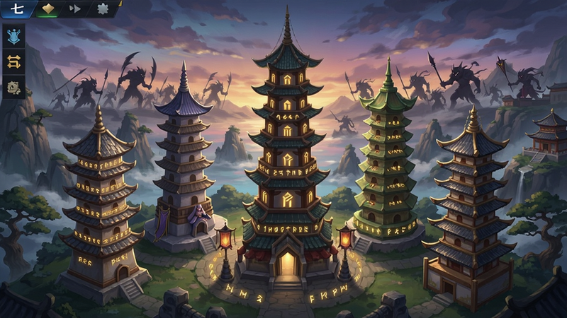 七塔手游全貌,画面中央矗立七座风格迥异的高塔,塔身环绕金色符文,背景是暮色下的东方仙境,远处有暗影军团汹涌而来,整体采用细腻的二次元手绘风格,色彩饱满,光影层次丰富,突出塔防与角色养成的融合感,适配Boogu模型生成。