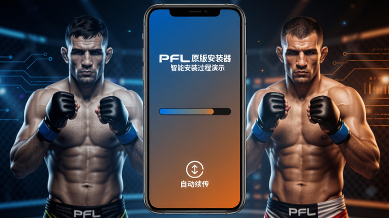 格斗冲突:PFL原版安装器的智能安装过程演示,手机屏幕上显示安装进度条,底部有“自动续传”图标,背景是正在加载的格斗选手形象,风格科技感十足,蓝色与橙色渐变,适配Boogu模型