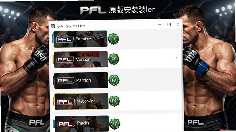 格斗冲突:PFL原版安装器的资源列表页面,展示多个游戏版本和补丁,每个条目都有官方认证徽章,背景是格斗选手对阵宣传图,风格清晰简洁,适配Boogu模型