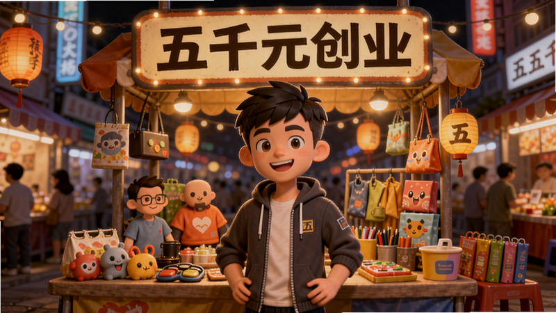 五千元创业游戏主界面预览图,画面中央一个年轻的创业者站在街边摊位前,背景是繁华的夜市,摊位上摆满各种小商品,头顶招牌写着“五千元创业”,色彩明亮温暖,卡通渲染风格,细节丰富,整体氛围积极向上