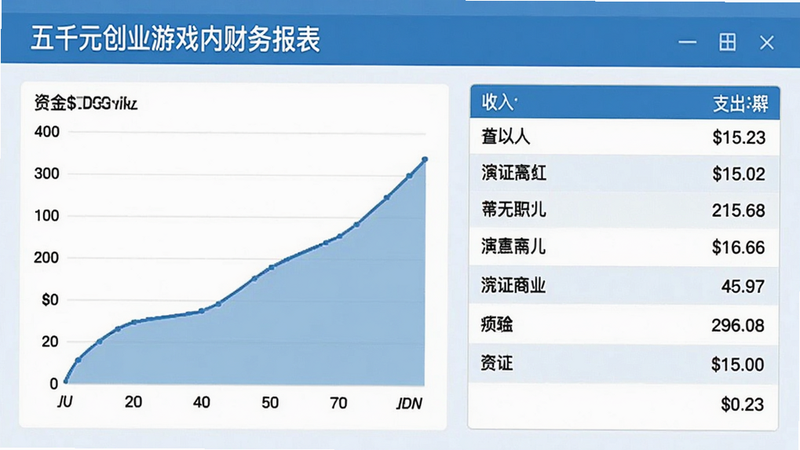 五千元创业游戏内财务报表界面截图,画面左侧显示资金曲线图,右侧列出收入支出明细,背景是简约商务风格,数字清晰可读,色调以蓝色和白色为主