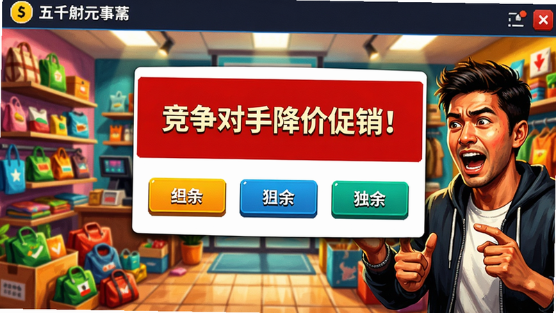 五千元创业随机事件弹窗预览图,画面中一个商店界面弹出红色警告框,上面写着“竞争对手降价促销!”,下方有三个选项按钮,场景细节丰富,人物表情生动,色彩对比强烈