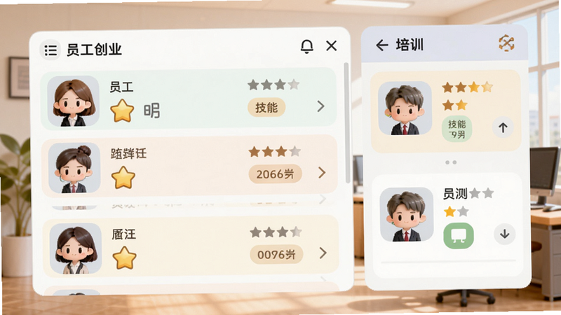 五千元创业员工管理界面预览图,画面左侧显示员工列表,右侧是培训面板,背景是办公室风格,员工角色为Q版卡通形象,有星级和技能标签,色彩柔和
