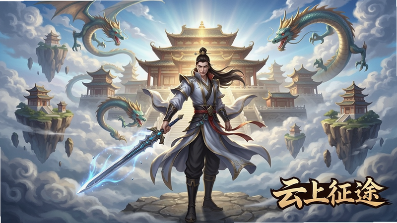 画面中心是一位英姿飒爽的修仙者站在云端,手持发光的仙剑,身后是宏伟的仙宫和飘浮的岛屿,天空中有祥云和飞龙,整体采用唯美东方玄幻风格,色彩明亮,光影效果突出,突出游戏名称云上征途