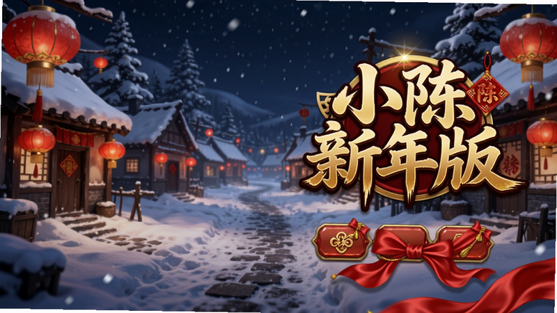 游戏主菜单界面,背景是雪夜村庄,右侧有“小陈新年版”金色logo,下方按钮被红色绸缎装饰,整体风格中国风春节主题