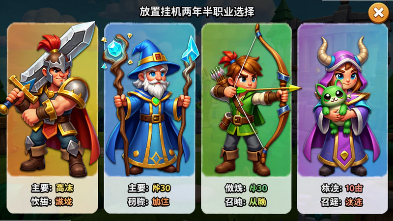 放置挂机两年半职业选择界面 四个角色立绘并排 战士持剑 法师拿法杖 射手拉弓 召唤师抱着宠物 每个职业下方标注主要属性 画面采用卡通渲染 色彩鲜艳