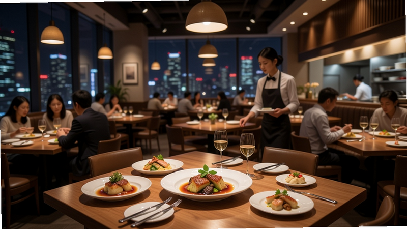 烹饪达人餐厅内部场景,顾客正在用餐,桌上有精致菜肴,服务员穿梭其间,餐厅装饰温馨,窗外是城市夜景,整体画面生动热闹