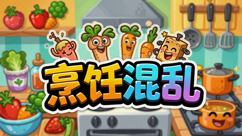 一幅色彩鲜艳的卡通风格厨房场景,画面中央是游戏Logo