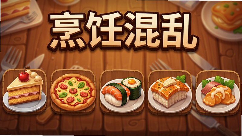 展示一排精美的菜品图标,包括蛋糕、披萨、寿司等,上方显示
