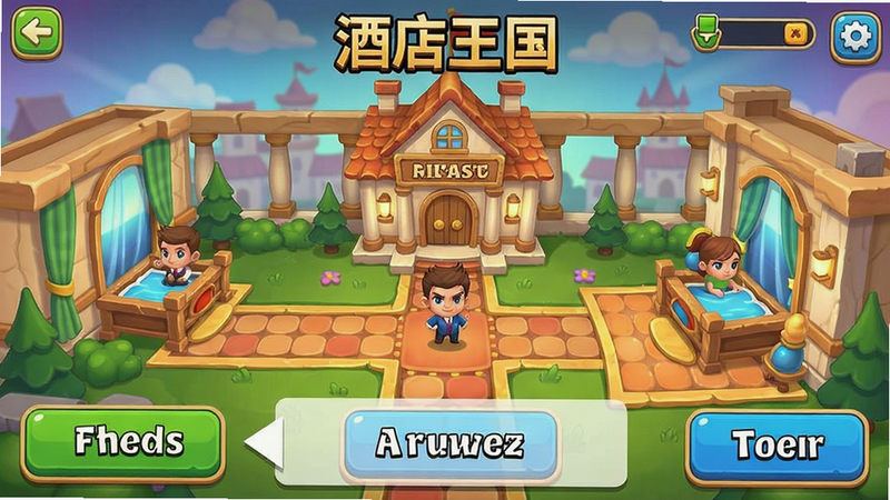 酒店王国游戏截图,显示游戏主界面和操作按钮,有提示文字指导玩家操作