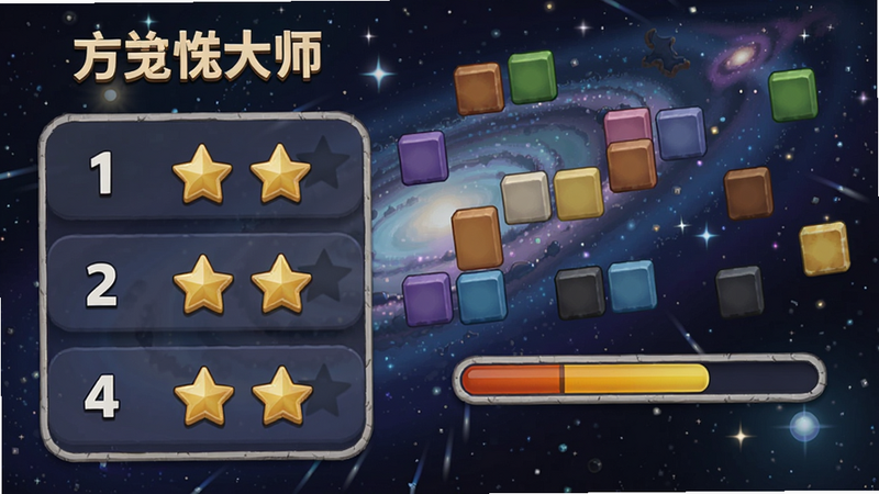 方块消除大师冒险模式关卡选择界面,左侧显示关卡编号和星星评级,右侧有进度条,背景为动态星空,方块元素点缀其间,色彩丰富,文字清晰,体现闯关层次感。