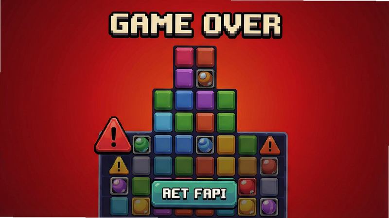 方块消除大师游戏过程中方块堆叠到顶部的画面,显示Game Over字样,背景呈红色渐变,有重新开始按钮,体现游戏失败场景,给玩家警示作用。