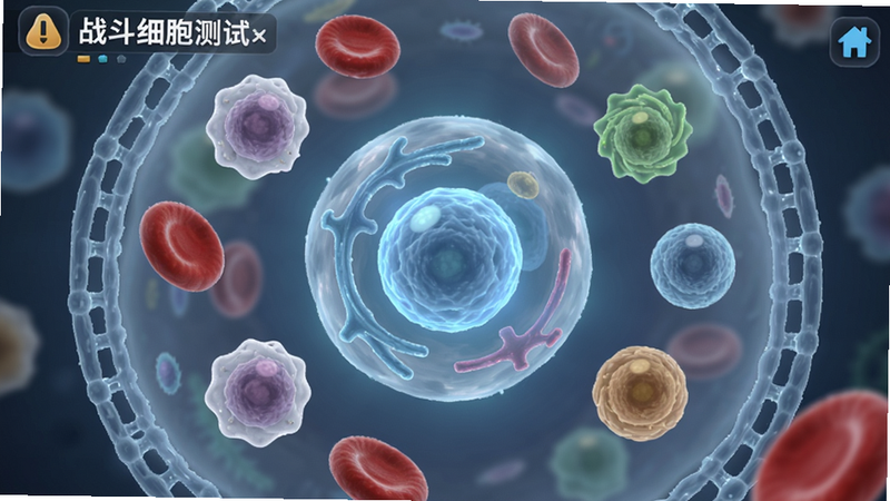 战斗细胞(TapTap测试版)游戏主界面,画面中心是一个发光的细胞核,周围分布着红细胞、白细胞等不同颜色的细胞单位,背景是半透明的细胞膜结构,光线柔和,细节丰富,整体呈现微观世界的科学美感,适配Boogu模型生成。