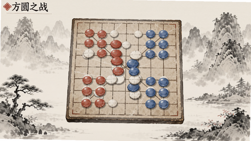 方圆之战游戏主界面预览图,画面中央为方形与圆形交错的棋盘,背景是水墨山水风格,棋盘上分布着红蓝两色棋子,整体色调淡雅,细节清晰,适配Boogu模型生成。