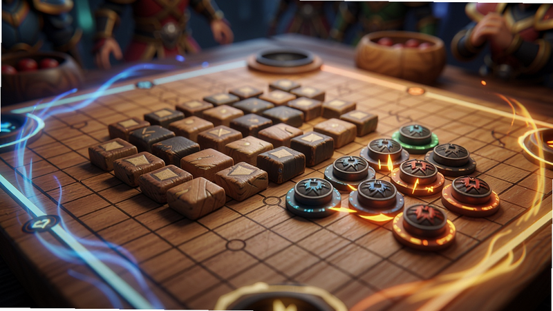 方圆之战棋局对战场景特写,画面中方形棋子排列成防御阵型,圆形棋子呈进攻态势,棋盘边缘有技能特效光晕,背景虚化,色彩对比鲜明,细节丰富,适合Boogu模型。