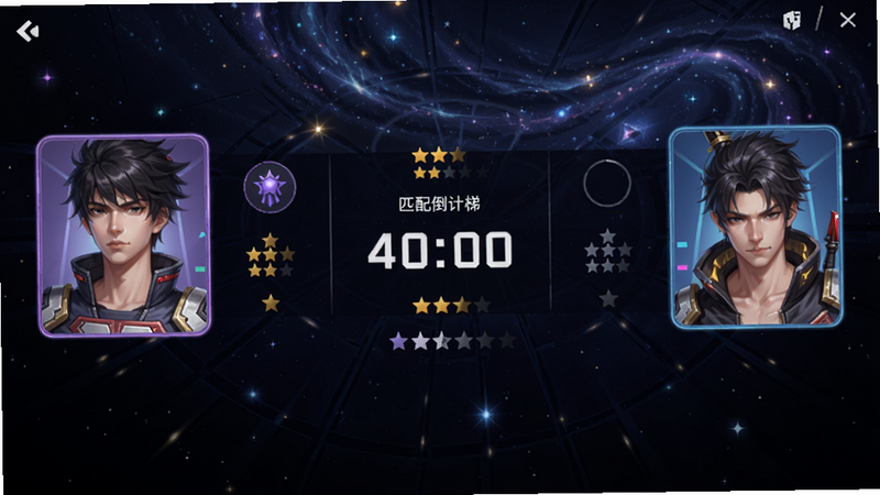 方圆之战天梯匹配界面,显示玩家段位星级,匹配倒计时,两侧人物头像框,背景为动态星空,整体UI简洁现代,色彩明亮。
