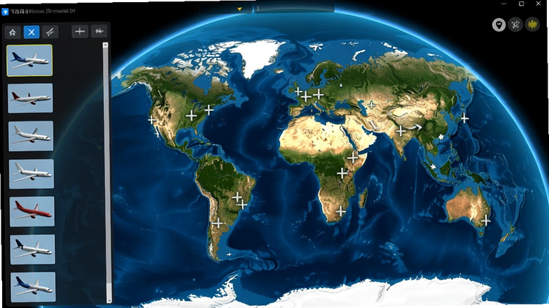 真实飞行模拟3D安装器游戏地图选择界面,世界地图上标注多个机场,左侧列表显示飞机缩略图,背景为地球俯视图,色彩明亮清晰,字体简洁现代
