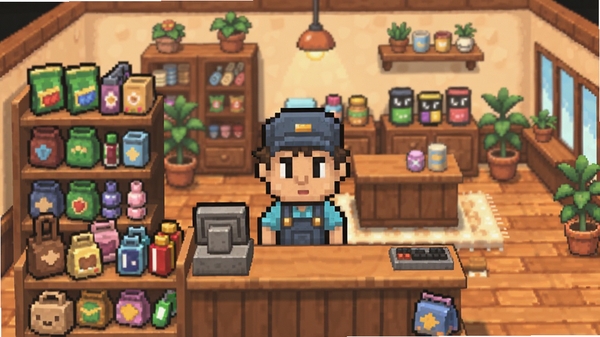 提示词:店主电脑版游戏画面,玩家正在管理店铺,前方是商品货架,背景是温馨小店内饰,像素或卡通风格,色彩明亮,包含店主角色,整体构图居中,细节丰富,可用于Boogu模型生成